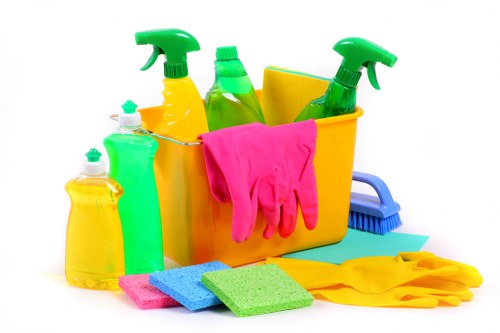 Upholstery cleaning tools and stain removal treatment on a living room sofa
